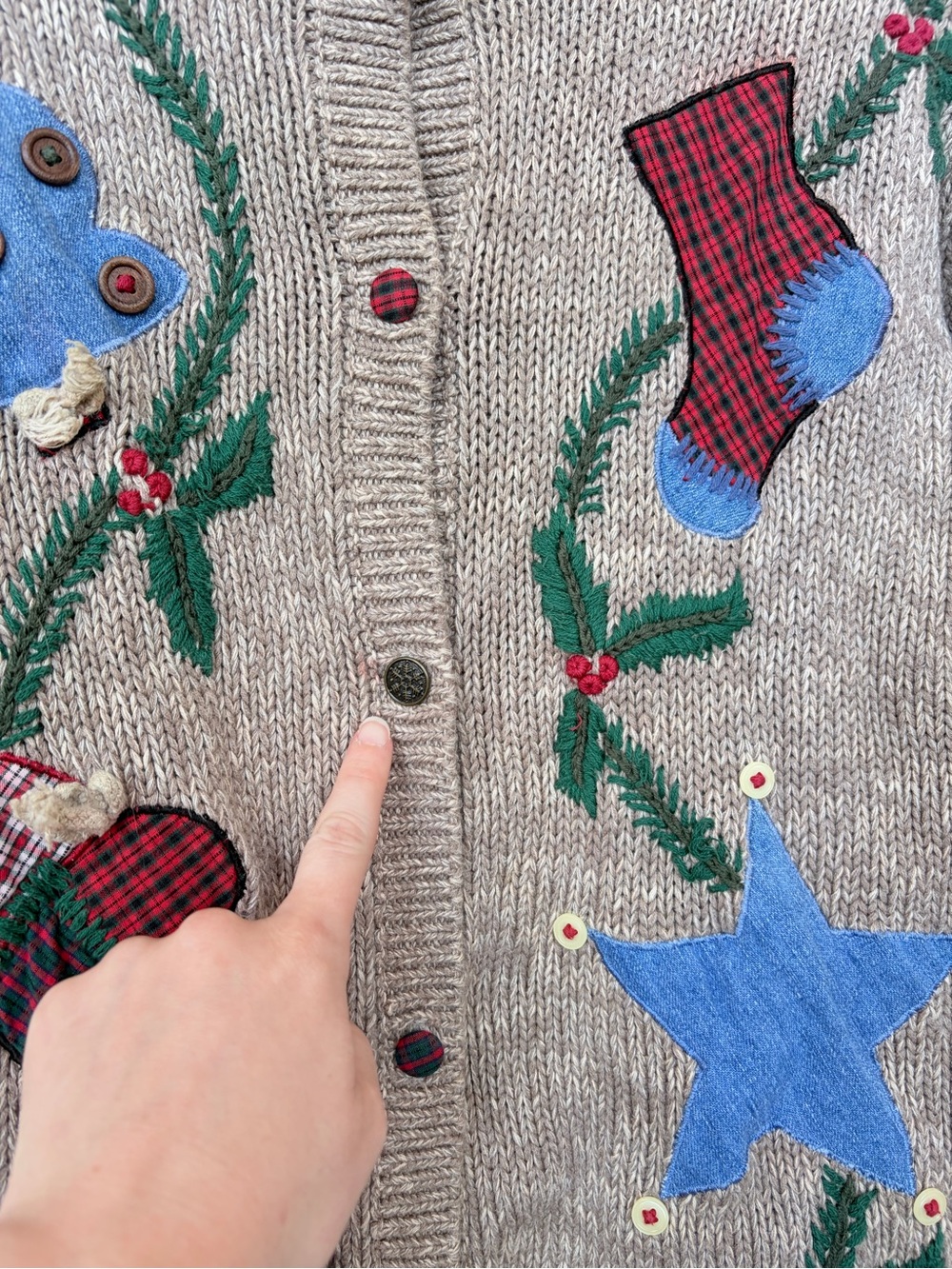Vintage Cotton Knit Christmas Sweater Patchwork Unique Medium Button Cardigan - Picture 4 of 7